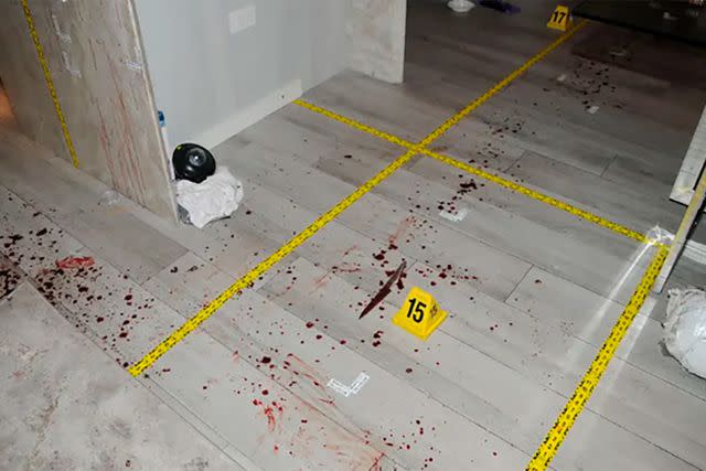 <p>Miami-Dade State Attorney's Office</p> Blood and knife at the crime scene in Courtney Clenney's apartment