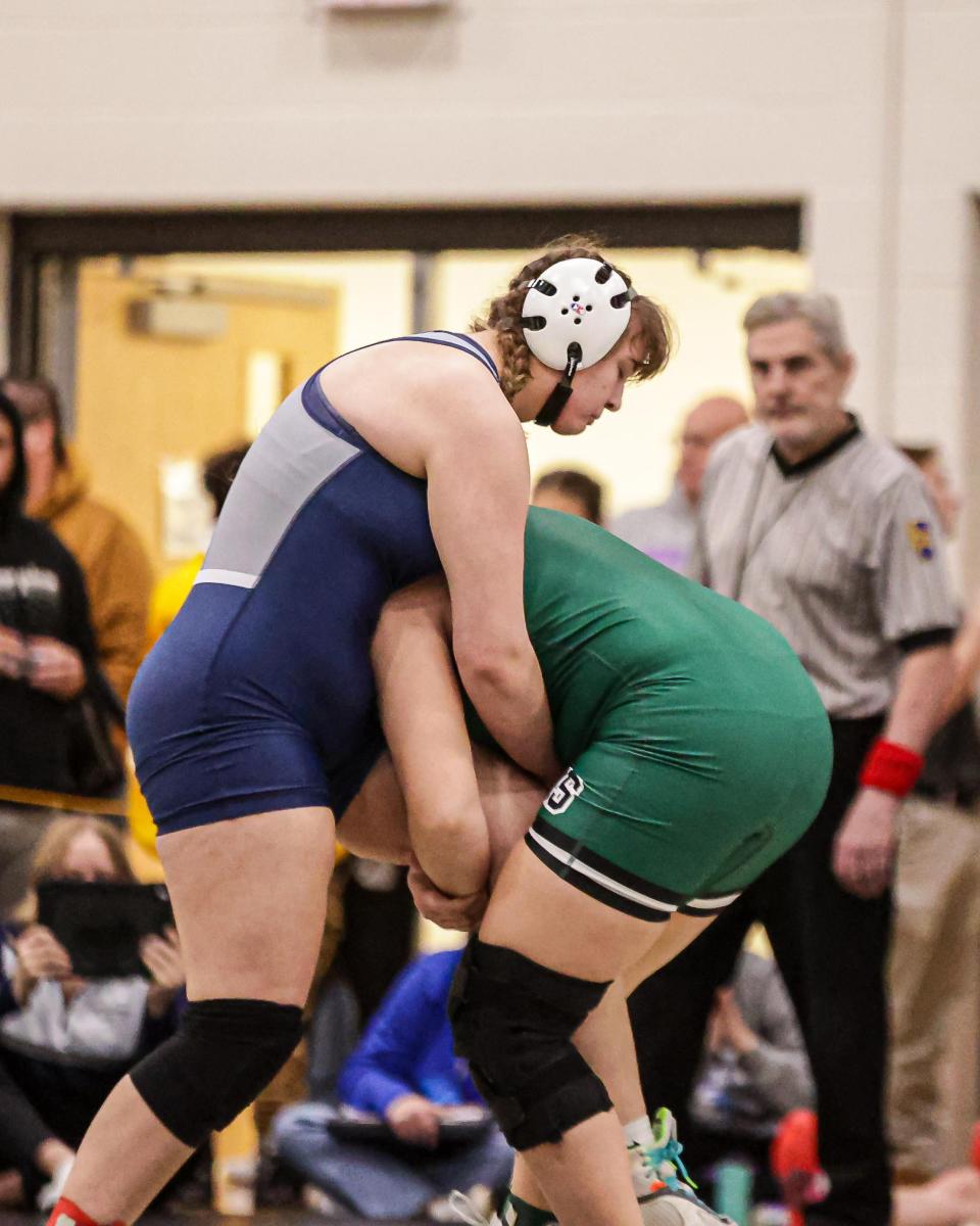 Tessa Henise (Dallastown) wrestles Rachel Plant (Carlisle) in a 190 lb. match. The District 3 girls' wrestling Southeast Regional Championships were held on Saturday, March 2, 2024, at Penn Manor High School.