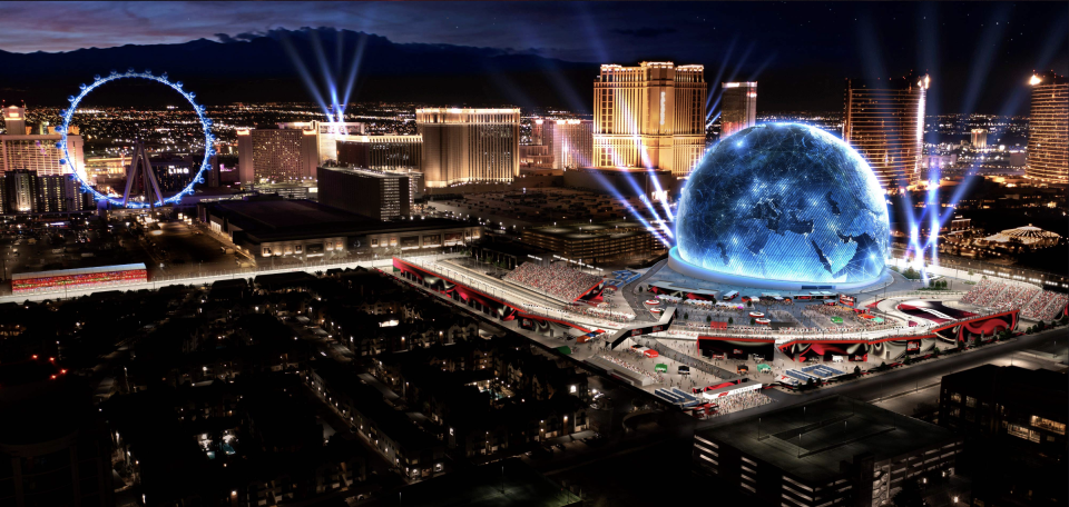 A rendering of the MSG Sphere next to the track, set to open in September (Las Vegas Grand Prix)