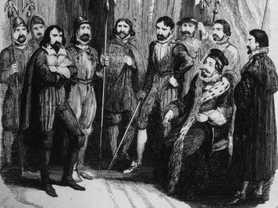 Guy Fawkes interrogated by King James I after his arrest (Getty)