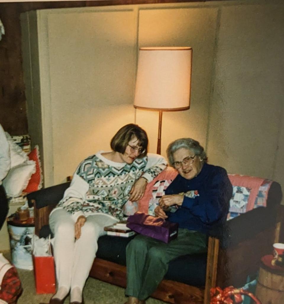 Sally (Henry) Kamprath (left) is shown with postcard writer Margaret Kamprath in the mid-1990s.