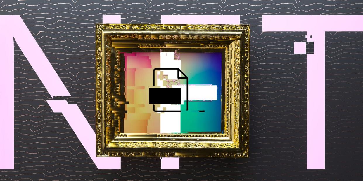 digital generated image of nft letters behind golden frame with digital art visualizing blockchain technology and non fungible token