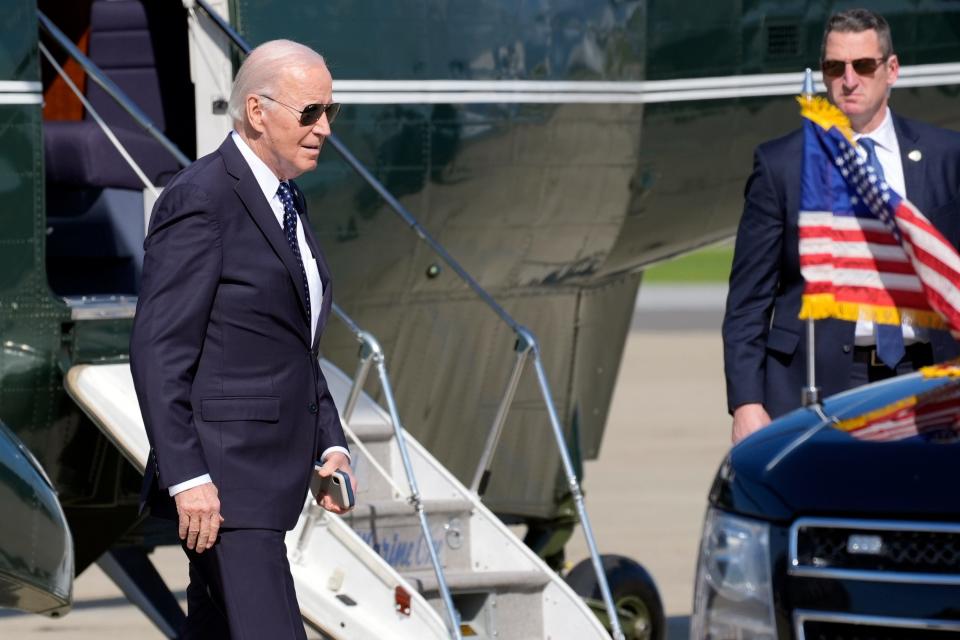 President Joe Biden arrives on Marine One in Mountain View, Calif., for a campaign fundraiser Thursday, Feb. 22, 2024.