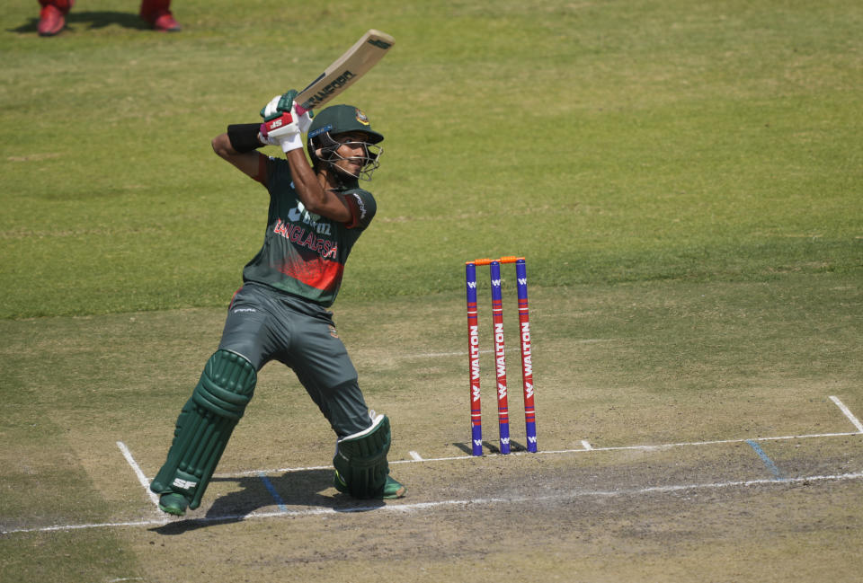 Bangladesh batsman Afif Hossain in action on the final day of the One-Day International cricket match between Zimbabwe and Bangladesh at Harare Sports Club in Harare, Zimbabwe, Wednesday, Aug, 10, 2022. (AP Photo/Tsvangirayi Mukwazhi)