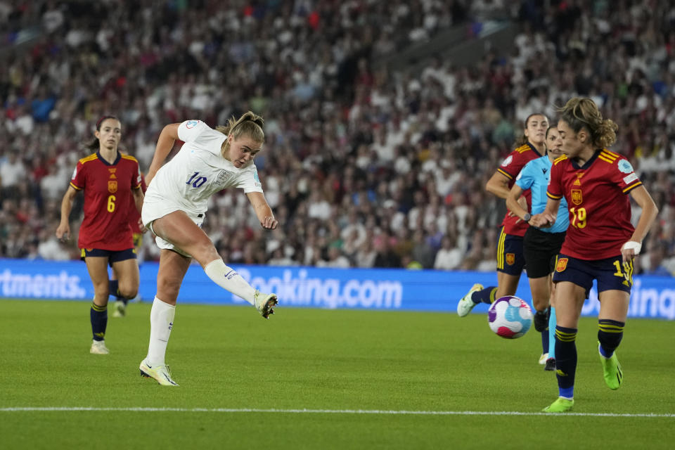 FILE - England's Georgia Stanway, centre, scores her side's second goal during the Women Euro 2022 quarter final soccer match between England and Spain at the Falmer stadium in Brighton, Wednesday, July 20, 2022. (AP Photo/Alessandra Tarantino, File)