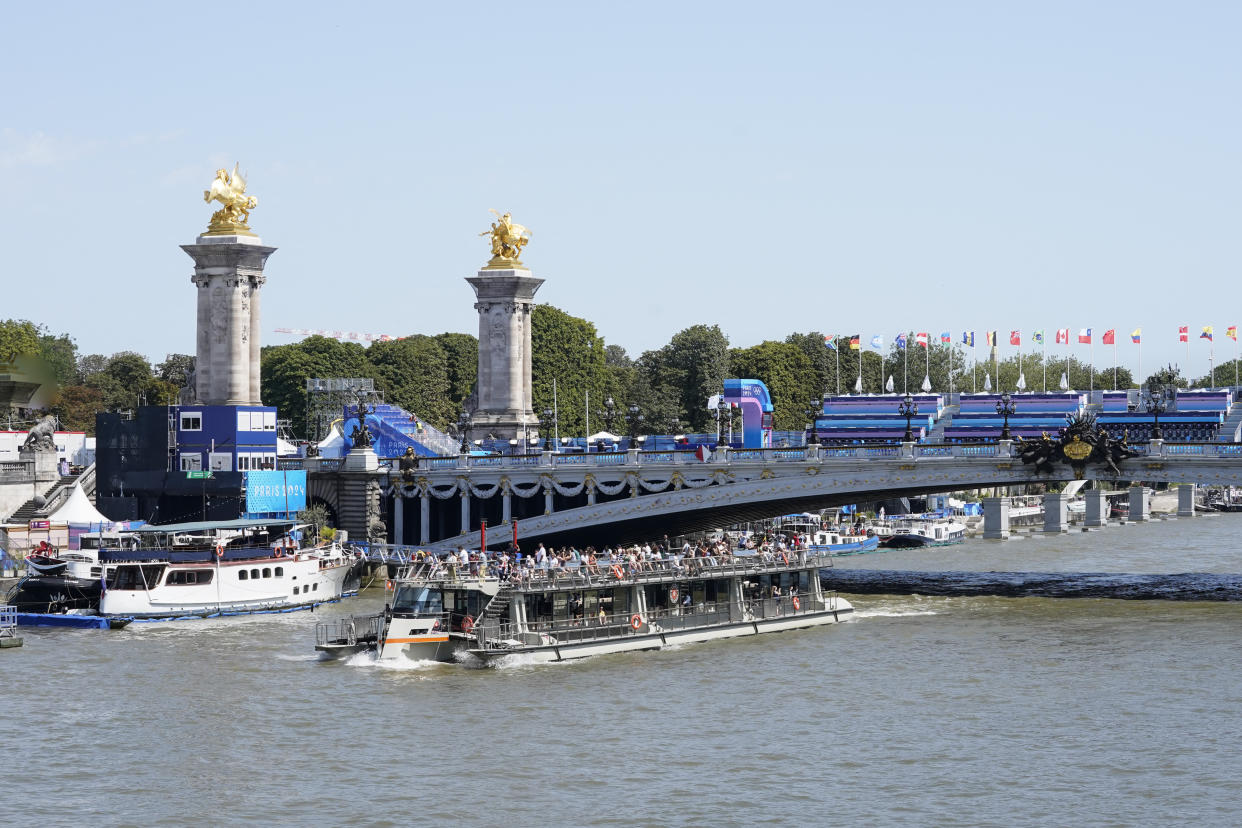 View of the Seine river on the eve of Triathlon events in Paris, France, on July 29, 2024. OLYMPIC GAMES. Alexandre III bridge. (Photo by Laure Boyer / Hans Lucas / Hans Lucas via AFP) (Photo by LAURE BOYER/Hans Lucas/AFP via Getty Images)