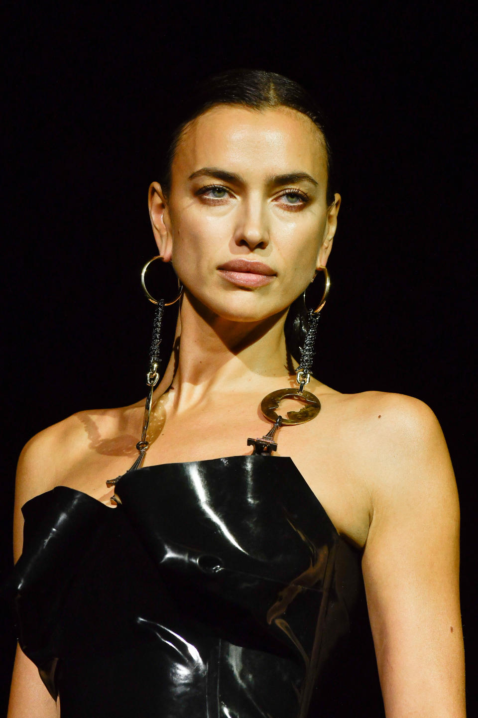 Close-up of Irina in a strapless outfit