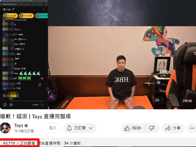 Toyz直播引6萬多網友觀看。（圖／YouTube）
