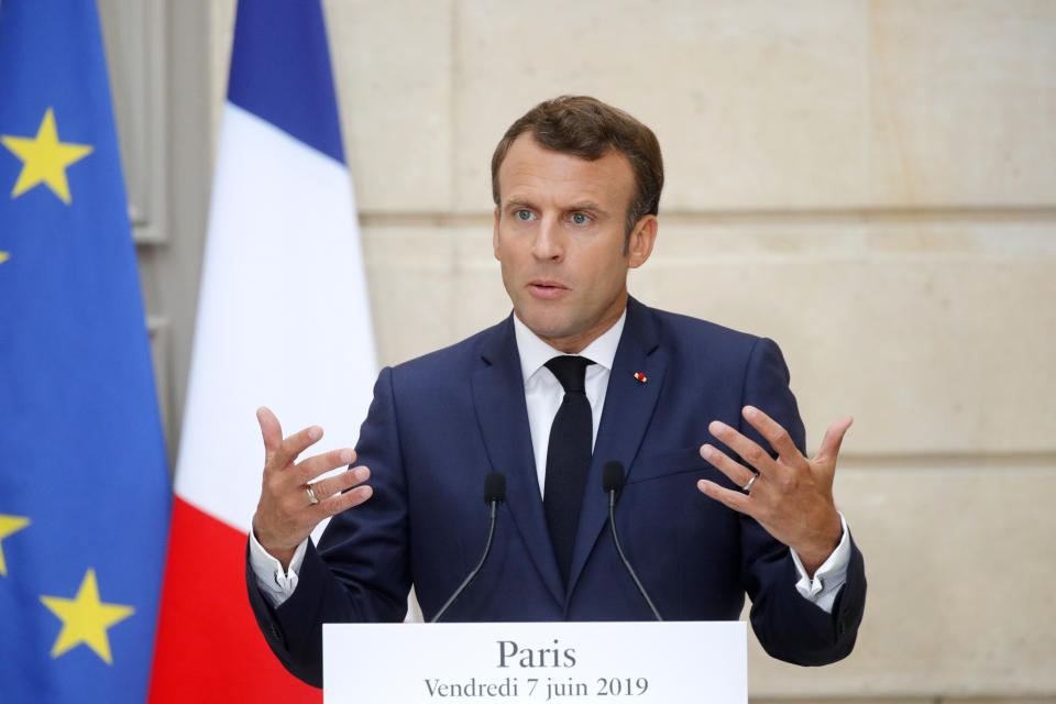 French President Emmanuel Macron delivers his speech during a joint press conference with Canadian Prime Minister Justin Trudeau at the Elysee Palace in Paris, France, Friday, June 7, 2019. (Philippe Wojazer/Pool via AP)