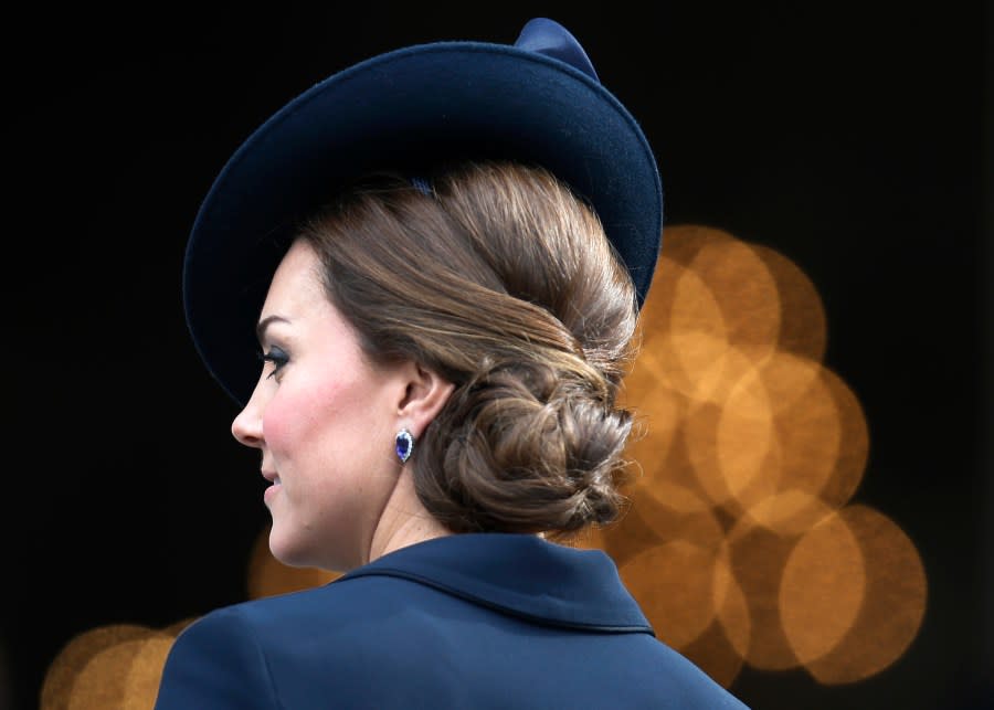 FILE – Britain’s Duchess of Cambridge arrives to attend a service of commemoration to pay tribute to members of the British armed forces past and present who served on operations in Afghanistan, at St Paulís Cathedral, in central London, Friday, March 13, 2015. (AP Photo/Lefteris Pitarakis, File)