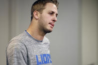 FILE - Detroit Lions quarterback Jared Goff addresses the media after an NFL football game against the Denver Broncos, Saturday, Dec. 16, 2023, in Detroit. The intensity of NFL fandom that increased with the surge of fantasy football has spiked further in the age of online betting. “When you used to lose, you would hear about it because of a fan’s loyalty to the team. They want to win. Now you hear about it because they’re losing their money because of you,” Goff said.(AP Photo/David Dermer, File)