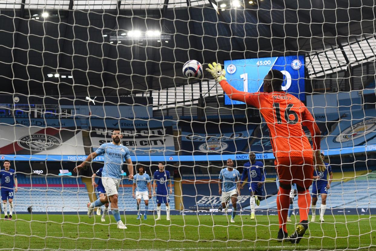 <p>Aguero’s penalty was easily saved</p> (Getty Images)