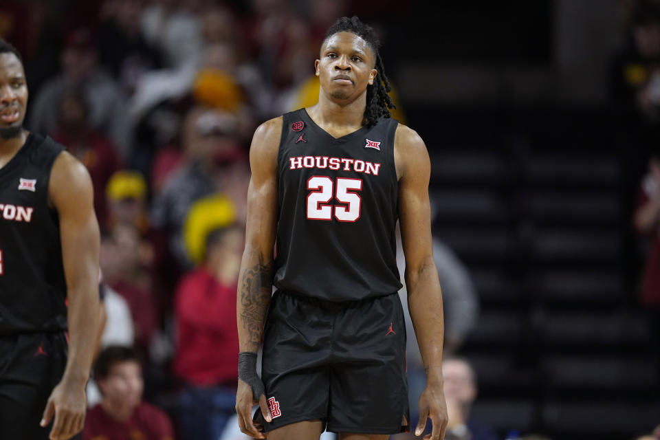 Houston forward Joseph Tugler (25) reacts after fouling out in the second half of an NCAA college basketball game against Iowa State, Tuesday, Jan. 9, 2024, in Ames, Iowa. Iowa State won 57-53. (AP Photo/Charlie Neibergall)