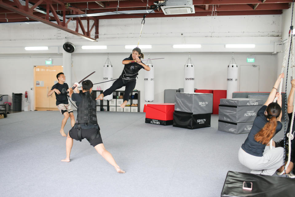 Wire-work stunt classes at Sandbox Training Ground stunt school. (PHOTO: Cheryl Tay)