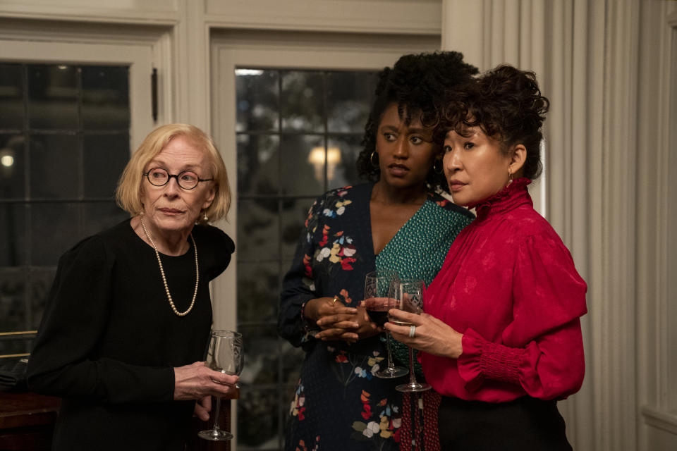 Holland Taylor as Joan, Nana Mensah as Yaz, and Sandra Oh as Ji-Yoon in episode 102 of 