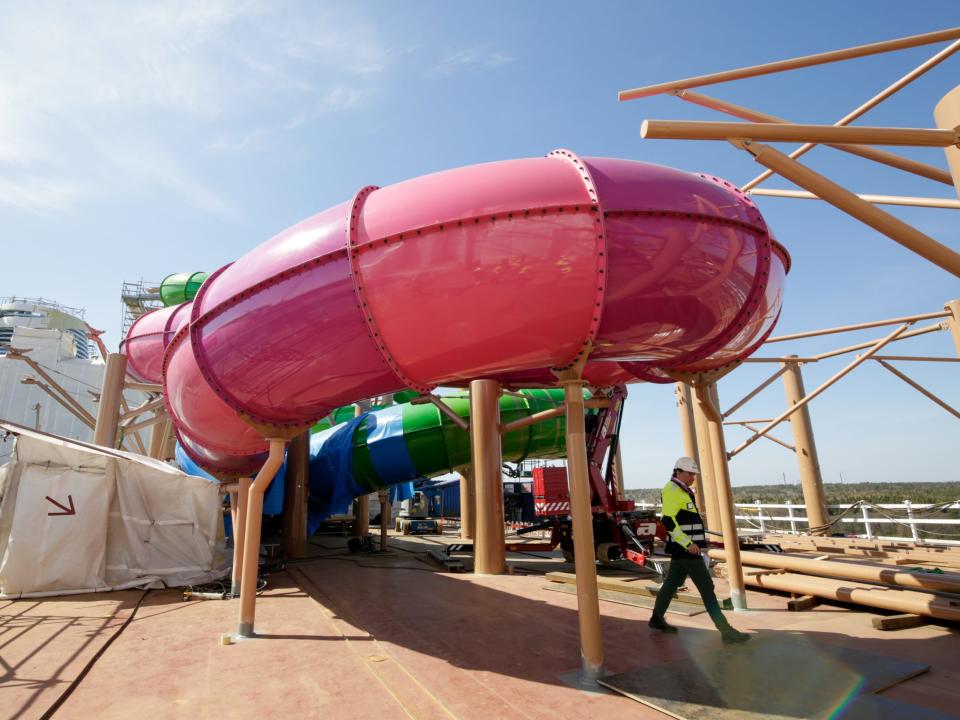 The Thrill Island neighborhood with water slides under scaffolding while it's being constructed on Royal Caribbean's Icon of the seas