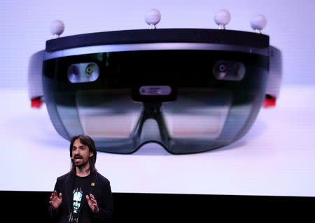 Microsoft's Alex Kipman, the man responsible for the HoloLens augmented reality device, presents the HoloLens 2 ahead of the Mobile World Congress in Barcelona, Spain February 24, 2019. REUTERS/Sergio Perez