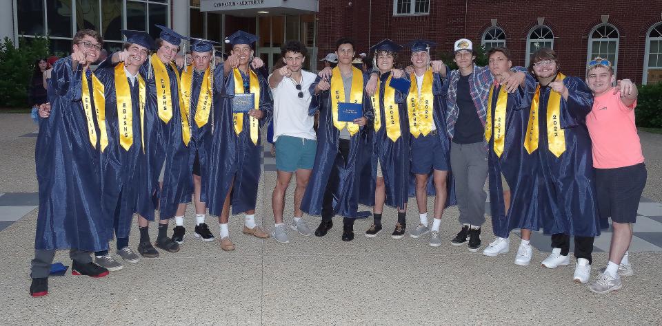 Getting together for a last group are East Bridgewater graduates and friends, from left to right, Dustin Elliott, Jeff Young, David Perkins, Chris Leonard, Kaden Kingman, Jaden Cronin, Lefteri Mamouzellos, Gio Mirrione, Sean Noonan, Jonah Cronin, Haden Frew, Zachery Zukowski, and Hunter Frew. The seniors in the East Bridgewater Class of 2022 are saying goodbye on Firday, June 3, 2022.