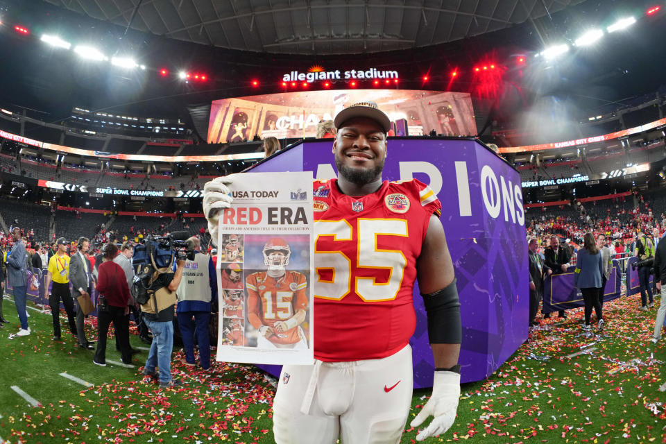 Kansas City Chiefs guard Trey Smith (65) poses for a photo after winning Super Bowl LVIII against the San Francisco 49ers at Allegiant Stadium.