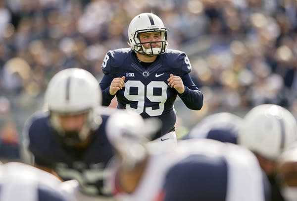Penn State kicker Joey Julius took another big hit vs. Maryland. (Photo: Abby Drey/Centre Daily Times/TNS via Getty Images)