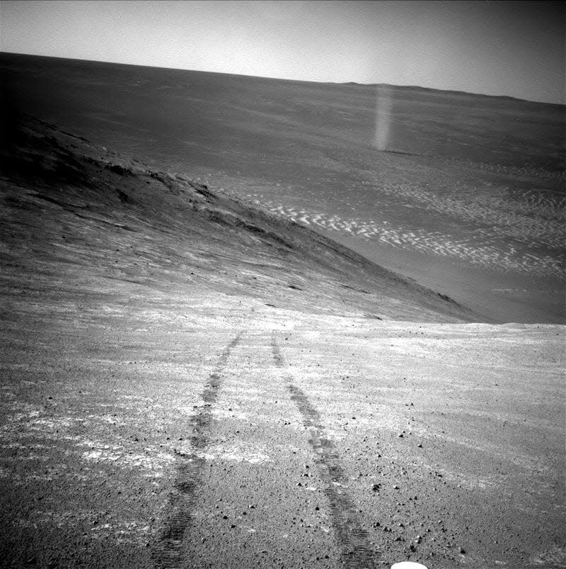 This image, taken by the Opportunity rover on March 31, 2016, shows a Martian dust devil in Marathon Valley.