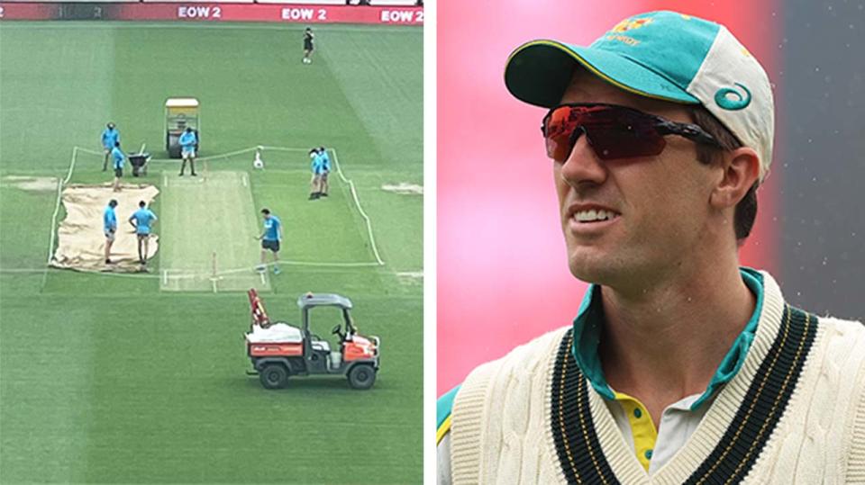 The Hobart pitch (pictured left) hours before first ball of the fifth Ashes Test and (pictured right) Pat Cummins walking off the field.