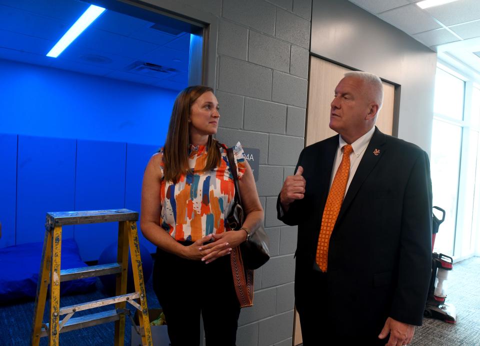 North Canton City School Superintendent Jeff Wendorf, with Michelle Groninger, communications, standing next to a sensory room in North Canton Primary School talks the district two new school buildings as they finish work for the new school year.  Monday, August 21, 2023.