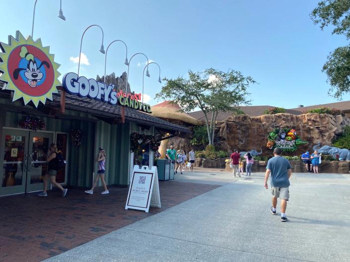 A section of Disney Springs with Goofy's Candy Company and the Rainforest Cafe.