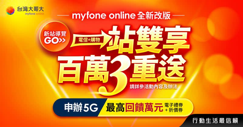 慶myfone網路門市全新升級，即日起至6月30日推出限時「百萬3重送」活動。