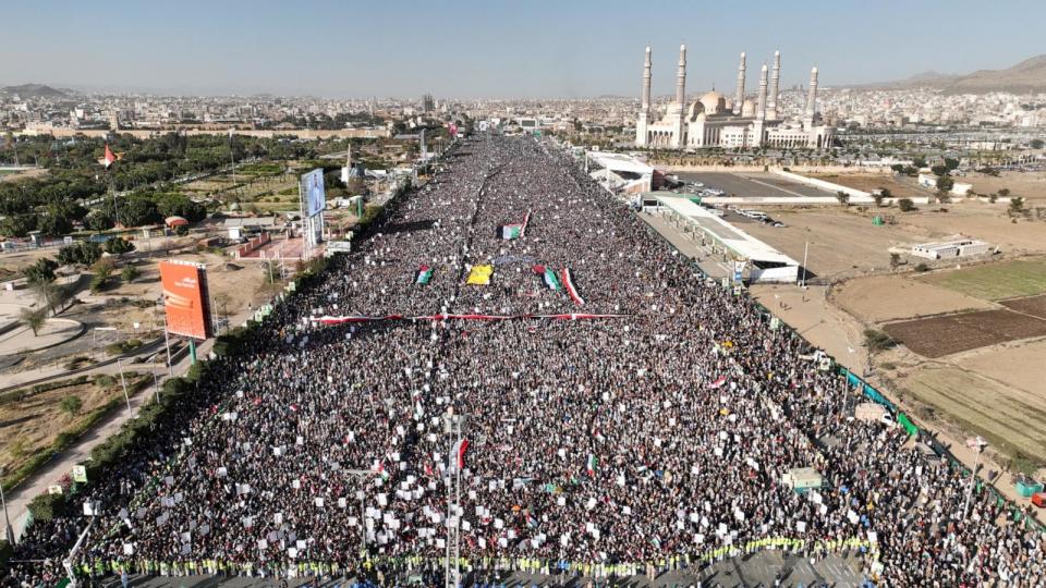 PHOTO: A drone view as Houthi movement supporters rally to denounce air strikes launched by the U.S. and Britain on Houthi targets, in Sanaa, Yemen, Jan. 12, 2024.  (Houthi Media Center via Reuters)