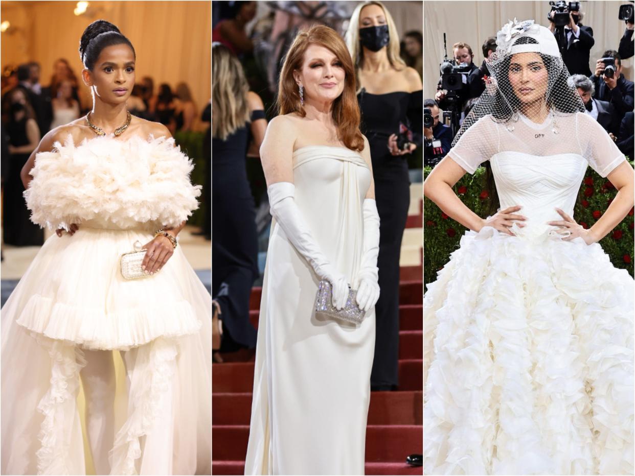 Ramla in a feather bodice with a tulle miniskirt and full skirt. Julianne in a strapless slim gown with over-the-shoulder gloves. Kylie in a baseball cap and veil with a short sleeve top and full skirt.