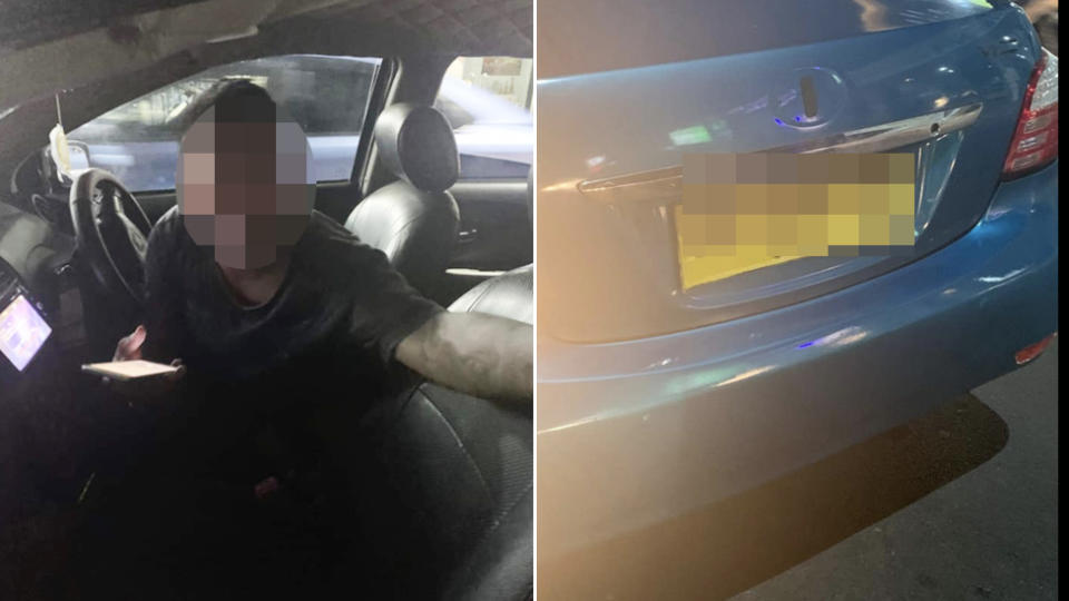 A photo of the 'taxi' driver (left) and his car, both have been blurred.