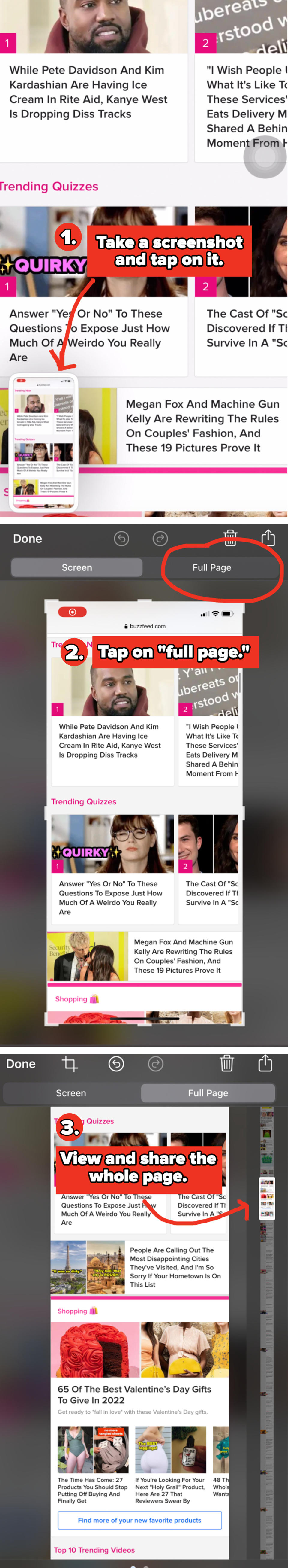 A tutorial to take a screenshot, tap on it, press "full page" in the top right, then view the full page screenshot