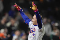 New York Mets' Brandon Nimmo (9) signals to fans after scoring a game-winning two-run home run during the ninth inning of a baseball game against the Atlanta Braves, Sunday, May 12, 2024, in New York. The Mets won 4-3. (AP Photo/Julia Nikhinson)