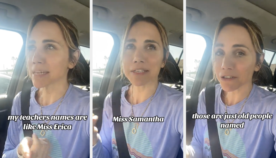 Three frames of Amber talking in a car with captions discussing "teachers names" and "old people names"