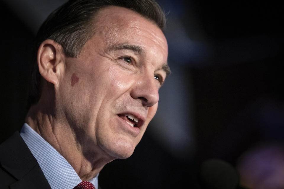 Former U.S. Rep. Tom Suozzi, Democratic candidate for New York's 3rd congressional district, speaks at his election night party Tuesday, Feb. 13, 2024, in Woodbury, N.Y. Suozzi won a special election for the House seat formerly held by George Santos. (AP Photo/Stefan Jeremiah)