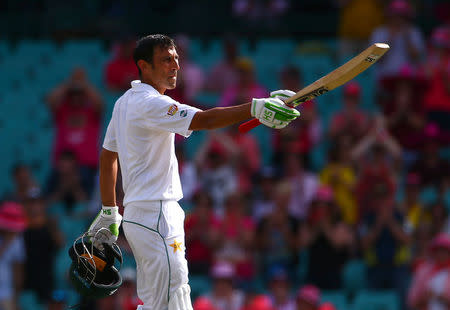 Cricket - Australia v Pakistan - Third Test cricket match - Sydney Cricket Ground, Sydney, Australia - 5/1/17 Pakistan's Younis Khan celebrates after reaching his century. REUTERS/David Gray