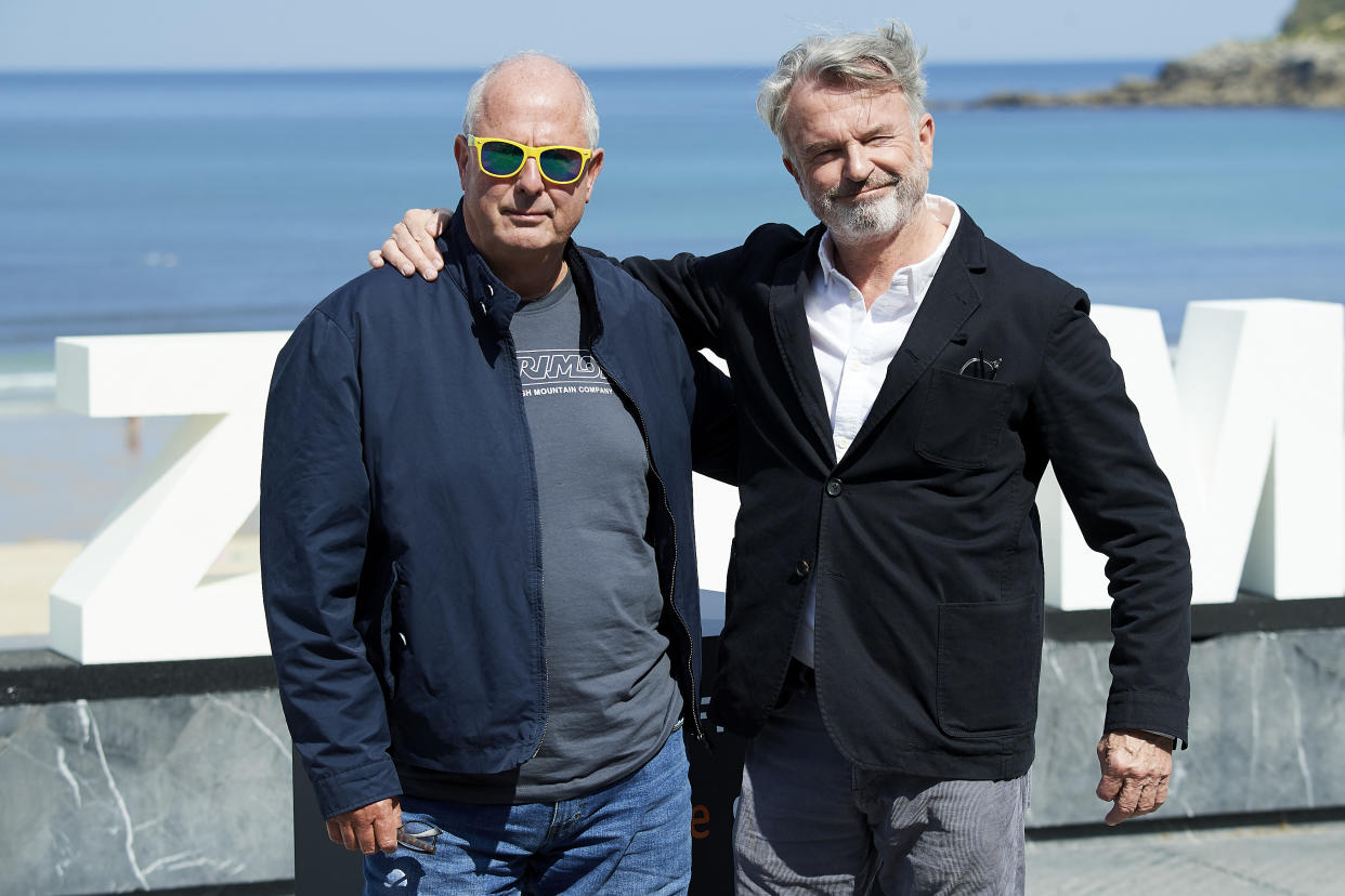 SAN SEBASTIAN, SPAIN - SEPTEMBER 20: Director Roger Michell (L) actor Sam Neill (R) attend 'Blackbird (La Decision)' photocall during 67th San Sebastian International Film Festival on September 20, 2019 in San Sebastian, Spain. (Photo by Carlos Alvarez/Getty Images)