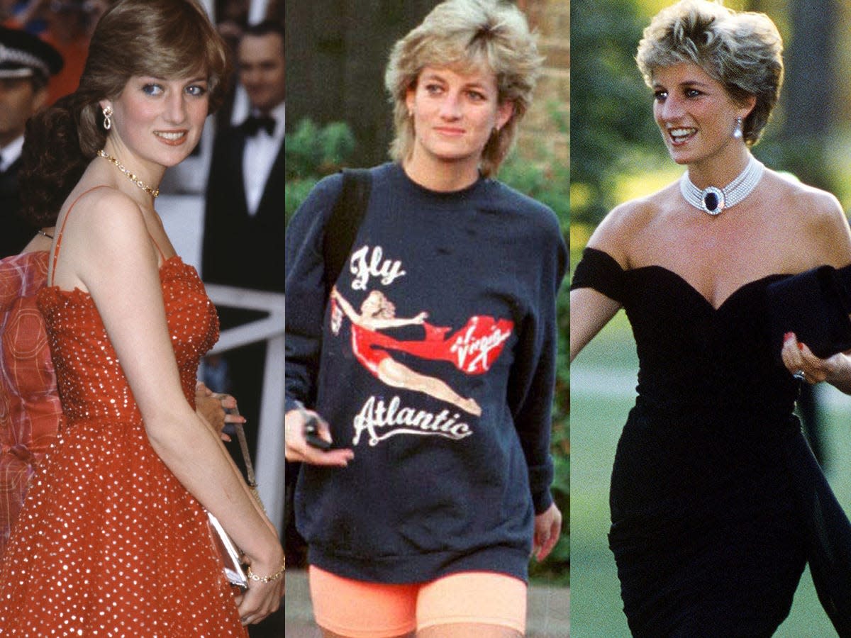 tripe side by side of three of princess diana's outfits: red strapless gown, sweatshirt and bike shorts, and little black revenge dress