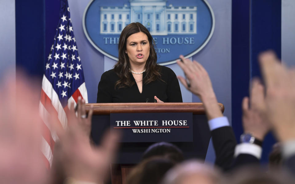 Press secretary Sarah Sanders addresses the daily press briefing at the White House on March 12. (Photo: Susan Walsh/AP)