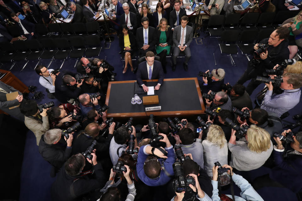 Facebook CEO Mark Zuckerberg arrives to testify before a joint hearing of the Commerce and Judiciary Committees on Capitol Hill in Washington, Tuesday, April 10, 2018. (AP Photo/Pablo Martinez Monsivais)