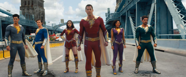 (L-r) ROSS BUTLER as Super Hero Eugene, ADAM BRODY as Super Hero Freddy, GRACE CAROLINE CURREY as Super Hero Mary, ZACHARY LEVI as Shazam, MEAGAN GOOD as Super Hero Darla and D.J. COTRONA as Super Hero Pedro in New Line Cinema&#x002019;s action adventure &#x00201c;SHAZAM! FURY OF THE GODS,&#x00201d; a Warner Bros. Pictures release.
