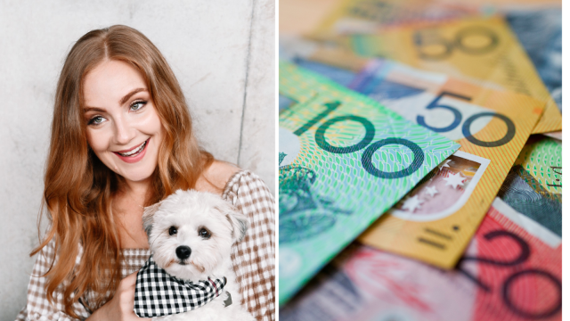 Jessica Brady is smiling and holder her cute white dog, she is next to a picture of colourful Australian money