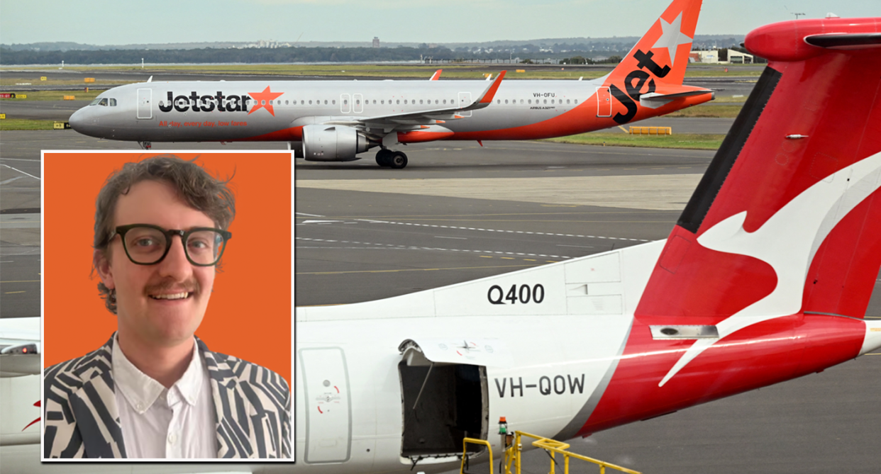 SourceA picture of lawyer Tyrone Barugh and a Jetstar and Qantas plane on the tarmac.