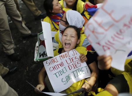 Tibetan exiles shout slogans as they are detained by police during a protest outside the venue of a meeting between Chinese President Xi Jinping and Indian Prime Minister Narendra Modi in New Delhi September 18, 2014. REUTERS/Anindito Mukherjee