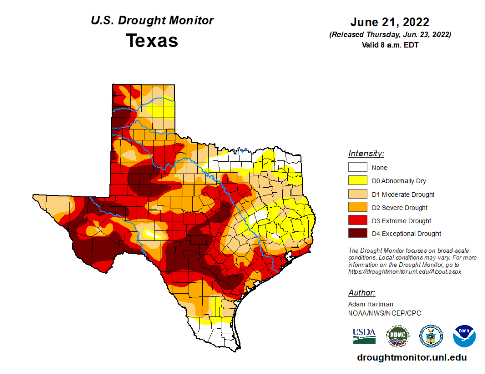 The latest U.S. Drought Monitor map for Texas was released Thursday.