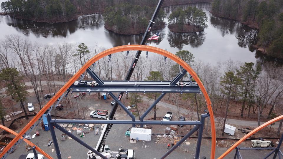 The final piece of track for the Jersey Devil Coaster at Six Flags Great Adventure in Jackson was put in place on Monday, Jan. 25, 2020.