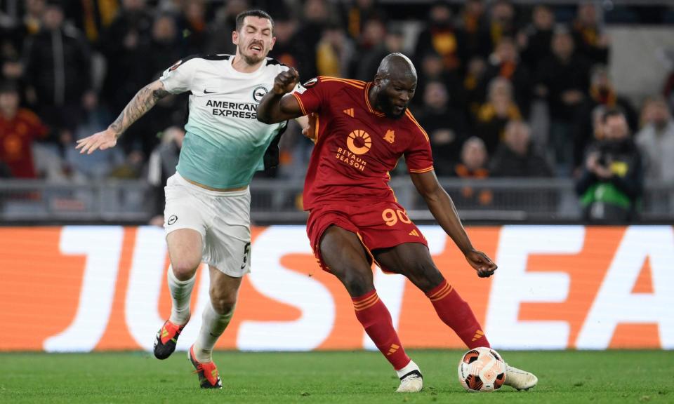 <span>Romelu Lukaku scores Roma’s second goal in their 4-0 win over Brighton in the Europa League last 16.</span><span>Photograph: Luciano Rossi/AS Roma/Getty Images</span>