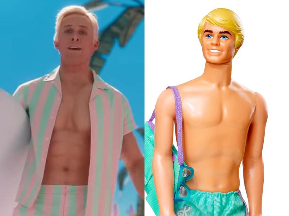 Left: Ryan Gosling as Ken in "Barbie." Right: The 1979 Ken doll.