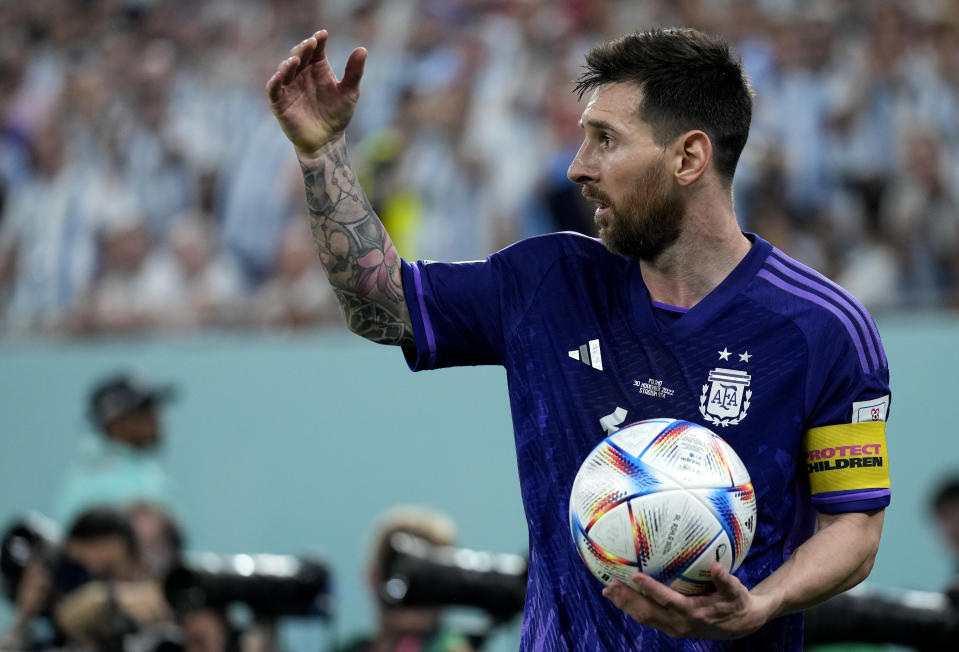 Argentina's Lionel Messi during the World Cup group C soccer match between Poland and Argentina at the Stadium 974 in Doha, Qatar, Wednesday, Nov. 30, 2022. (AP Photo/Darko Bandic)